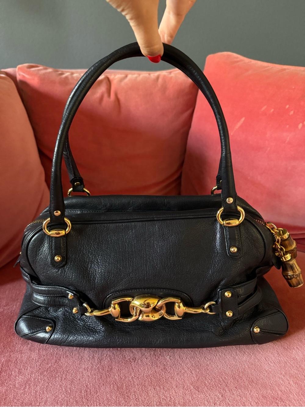 Black Leather Satchel Handbag with Gold Hardware